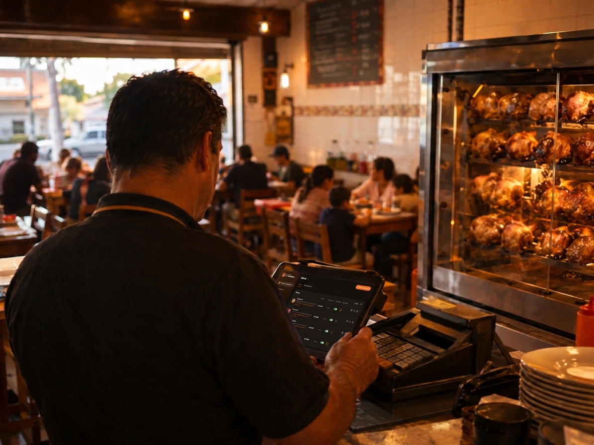 Mesero de Chefcitos revisando pedidos en Sephera junto al asador, con el salón lleno de fondo